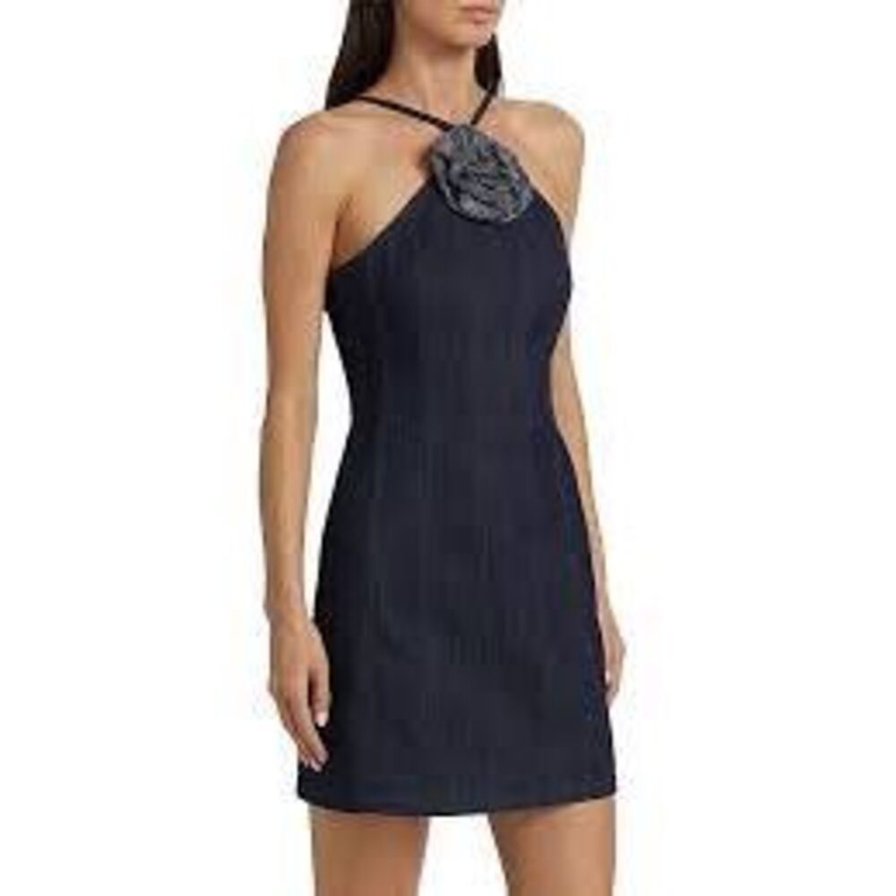 Cinq à Sept Odetta Indigo Denim Halter Mini Dress Rhinestone Rosette Size 4, NWT